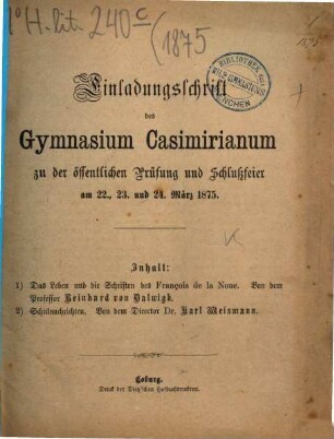 Einladungsschrift des Gymnasium Casimirianum zu Coburg zur Schlußfeier. 1875