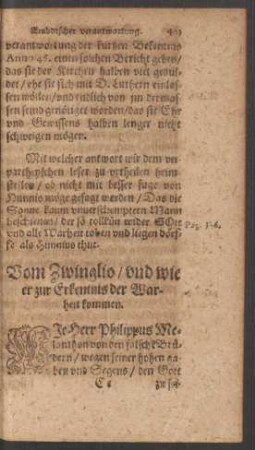 Vom Zwinglio/ und wie er zur Erkentnis der Warheit kommen.