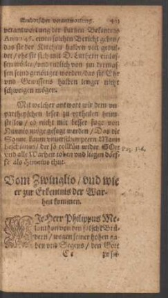 Vom Zwinglio/ und wie er zur Erkentnis der Warheit kommen.