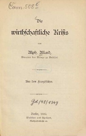 Die wirthschaftliche Krisis