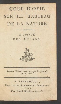 Coup D'Oeil Sur Le Tableau De La Nature : A L'Usage Des Enfans