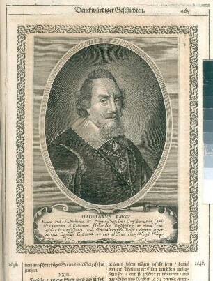 Bildnis Adriaen Pauw van Heemstede, S. 465. Kupferstich; 190 x 150 mm (Bildspiegel). Aus: Theatri Europaei ... Sechster und letzter Theil. 1647-1651. Franckfurth, M., Matthäi Merians sel. Erben. Dresden: SLUB Hist.univ.B.0062
