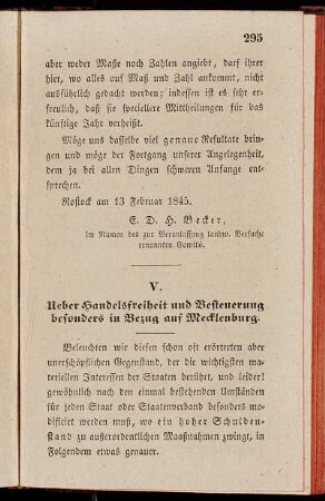V. Ueber Handelsfreiheit und Besteuerung besonders in Bezug auf Mecklenburg