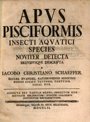 Apvs pisciformis : Insecti Aqvatici Species Noviter Detecta Brevibvsqve Descripta