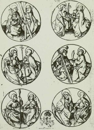 Die sitzenden Apostel: 1.) St. Petrus und Andreas, 2.) St. Jakobus d.J. und Philippus, 3.) St. Thomas und Matthäus, 4.) St. Jakobus d. Ä. und Johannes, 5.) St. Judas Thaddäus und Bartholomäus, 6.) St. Simon und Matthias