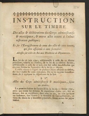 Instruction Sur Le Timbre Des actes & délibérations des Corps administratifs & municipaux