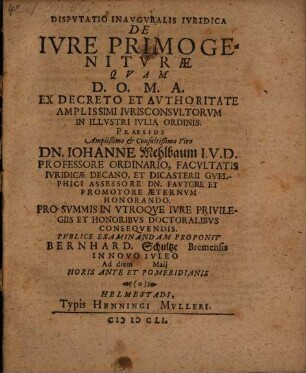 Dispvtatio Inavgvralis Ivridica De Ivre Primogenitvrae