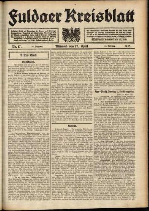 Erste Ausgabe vom Mittwoch, den 17. April 1912.