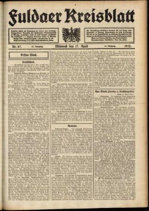 Erste Ausgabe vom Mittwoch, den 17. April 1912.