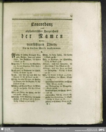 Concordanz und alphabetisches Verzeichniß der Namen derer vierfüßigen Thiere, die in diesem Werke vorkommen