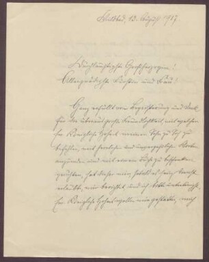 Schreiben von Friedrich Katz an die Großherzogin Luise; Dank für Freundlichkeiten gegenüber dem Sohn von Friedrich Katz und Aufenthalt der Großherzogin auf der Insel Mainau