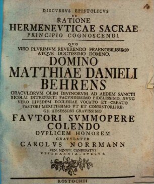 Discursus epist. de ratione hermeneuticae sacrae principio cognoscendi