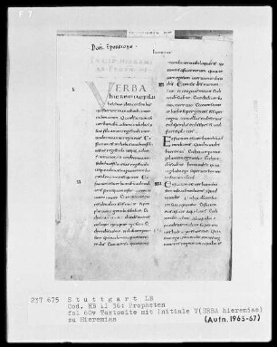 Bibliorum sacrorum pars, libri prophetarum — Initiale V(ERBA hieremiae), Folio 60verso