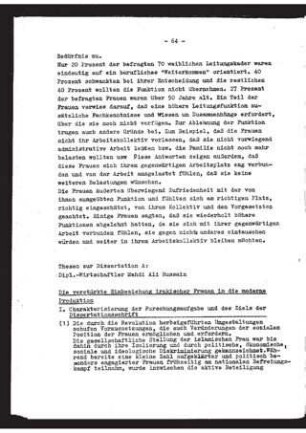 Die verstärkte Einbeziehung irakischer Frauen in die moderne Produktion : Thesen zur Dissertation A