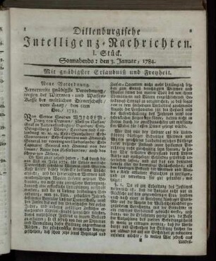 I. Stück. Sonnabends: den 3. Januar, 1784.