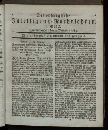 I. Stück. Sonnabends: den 3. Januar, 1784.