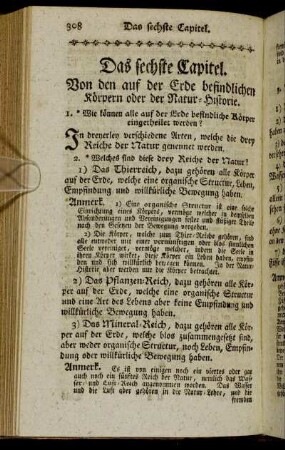 Das sechste Capitel. Von den auf der Erde befindlichen Körpern oder der Natur-Historie.