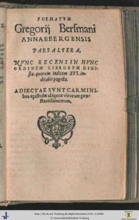 Pars altera: Poematum Gregorii Bersmani Annaebergensis in partes duas tributorum pars ...