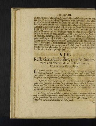 XIV. Reflexions sur l'utilité, que le Dannemarc doit trouver dans la Reassomtion des traites de Pinnenberg.