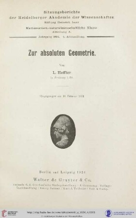 1924, 4. Abhandlung: Sitzungsberichte der Heidelberger Akademie der Wissenschaften, Mathematisch-Naturwissenschaftliche Klasse: Abteilung A, Mathematisch-physikalische Wissenschaften: Zur absoluten Geometrie, [1]