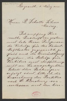 Brief an B. Schott's Söhne : 01.03.1900