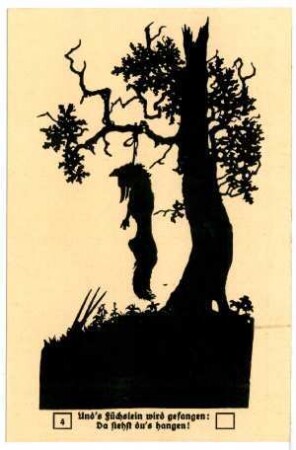 Kunstwart-Postkarte, Die Viere 1-4 (Der Weltkrieg als Tierfabel mit Bildern erzählt): Nr. 114 /4/: Und's Füchslein wird gefangen ...