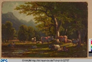 Rinderherde auf einer Weide und ein Bauernpaar an einem Weiher