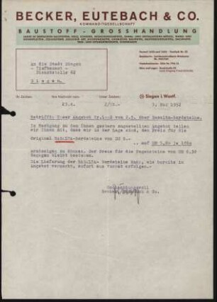 Firmenbriefkopf Becker, Eutenbach & Co., Baustoffe-Grosshandlung