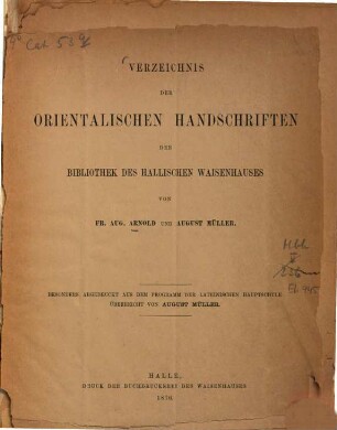 Verzeichnis der orientalischen Handschriften der Bibliothek des Hallischen Waisenhauses