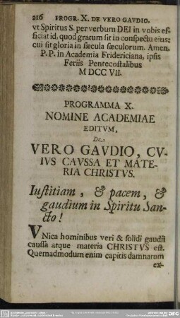Programma X. Nomine Academiae Editum, De Vero Gaudio Cuius Caussa Et Materia Christus
