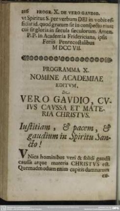 Programma X. Nomine Academiae Editum, De Vero Gaudio Cuius Caussa Et Materia Christus