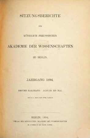 Sitzungsberichte der Preussischen Akademie der Wissenschaften zu Berlin. 1894,1