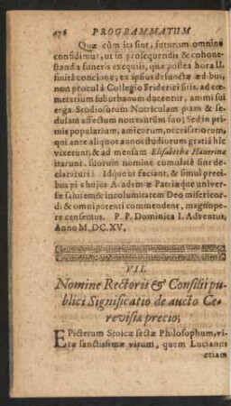 VII. Nomine Rectoris & Consilii publici Significatio de aucto Cerevisiae precio;