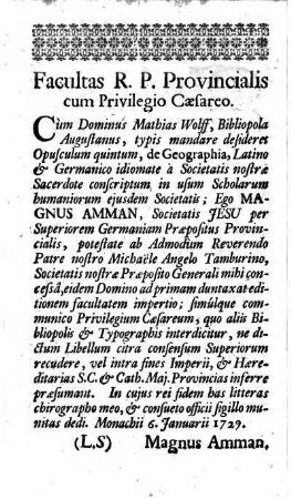 Facultas R. P. Provincialis cum Privilegio Caesareo