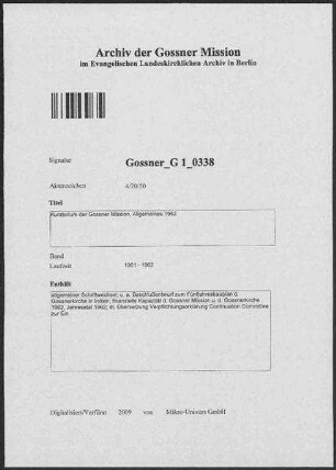Kuratorium der Gossner Mission, Allgemeines 1962