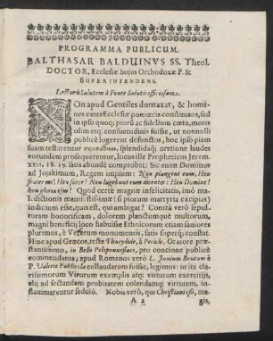 Programma Publicum. Balthasar Balduinus SS. Theol. Doctor, Ecclesiae huius Orthodoxae P. & Superintendens.