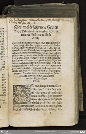 Des wolerfahrnen Herrn Alexij Pedemontani von den Secreten oder künsten / das Erste Buch.