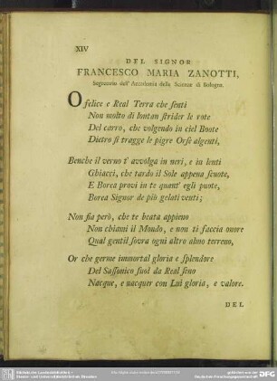 Del Signor Francesco Maria Zanotti, Segretario dell' Academia delle Scienze di Bologna