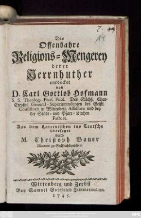 Die Offenbahre Religions-Mengerey derer Herrnhuther