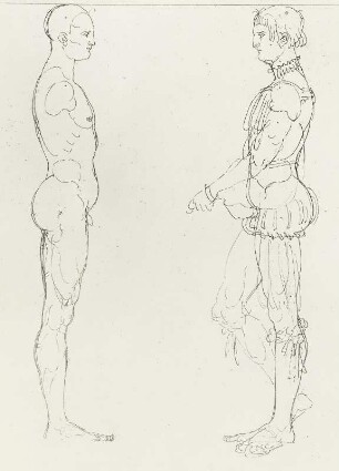 Nackter und bekleideter Mann seitlich : Dresdner Skizzenbuch (1507/1528). Nackter und bekleideter Mann seitlich (aus: R. Bruck: Das Skizzenbuch von Albrecht Dürer, Straßburg 1905, Tafel 23, Blatt 129 b, Str. 89, Kriegsverlust). Dresden: SLUB Mscr.Dresd.R.147.f