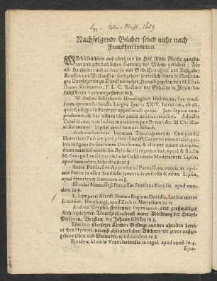 Nachfolgende Bücher seind nicht nach Franckfurt kommen.