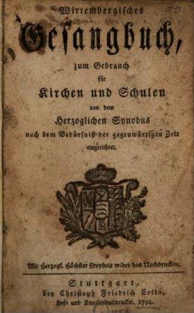 Wirtembergisches Gesangbuch : zum Gebrauch für Kirchen und Schulen