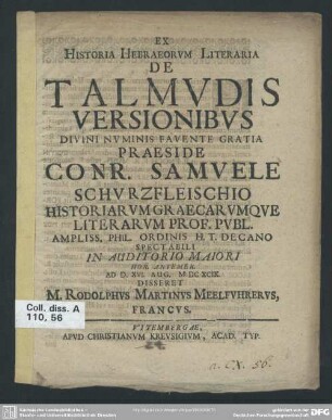 Ex Historia Hebraeorvm Literaria De Talmvdis Versionibvs