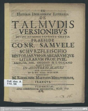 Ex Historia Hebraeorvm Literaria De Talmvdis Versionibvs