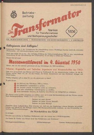 TRO-Betriebszeitung 'Der Transformator'; Nr. 10/1950 (Oktober 1950)