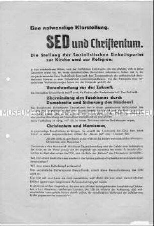 Propagandaflugblatt der SED über ihre Haltung zu Kirche und Religion