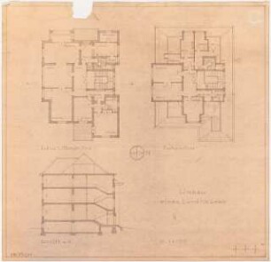 Umbau eines Landhauses Monatskonkurrenz Februar 1933: Grundriss Erdgeschoss (= 1. Obergeschoss), Dachgeschoss, Querschnitt 1:100