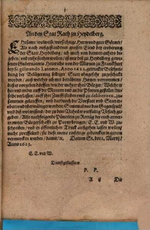Kurtze vnd doch gründliche Verantwortung Der Chur vnd Residentzstatt Heydelberg Einwohner Wider die in jüngster Herbstmetz An. 1622 außgangene vermeynte Historische Relation der Statt Heydelberg Belägerung vnd Eroberung betreffend