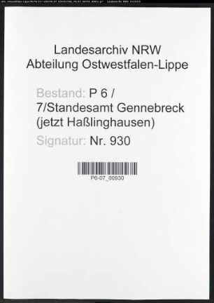 Sterberegister Standesamt Gennebreck