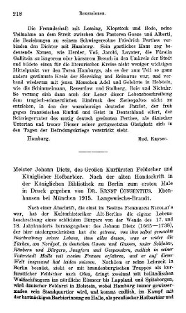 Dietz, Johann :: Meister Johann Dietz, des Großen Kurfürsten Feldscher und Königlicher Hofbarbier, nach der alten Handschrift in der Königlichen Bibliothek zum ersten Male in Druck gegeben von Ernst Consentius : Ebenhausen bei München, Langewische-Brandt, 1915